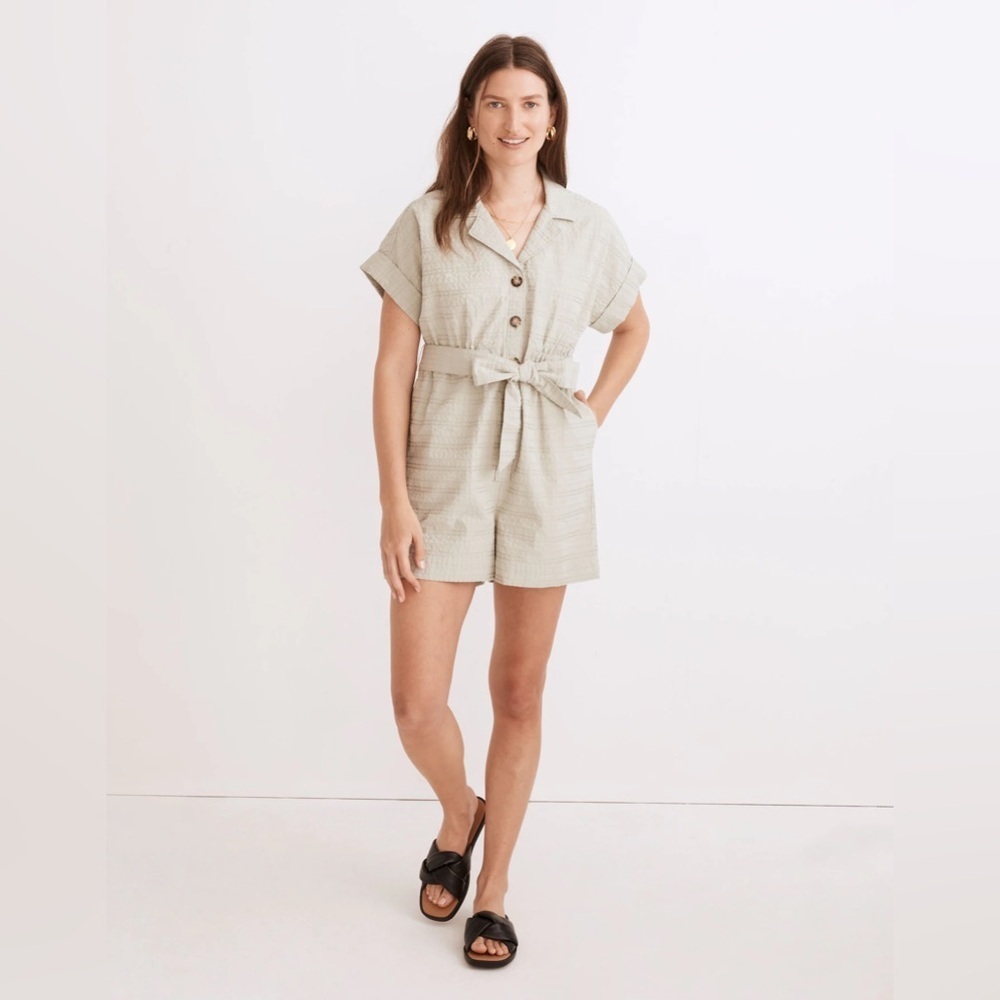 Madewell Seersucker Camp Romper NF853 Medium M Green